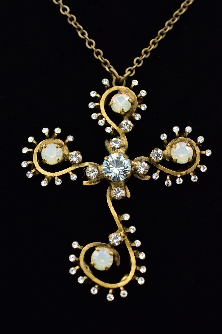Konplott by Miranda Crystal Cross Necklace Antiqued Gold Sparkling Signed Bin1